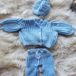 Handknit baby blue winter outfit